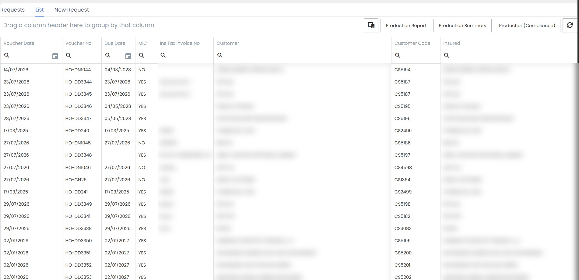 PraktoraWeb Production list with voucher, due date, customer code and the production and compliance report buttons